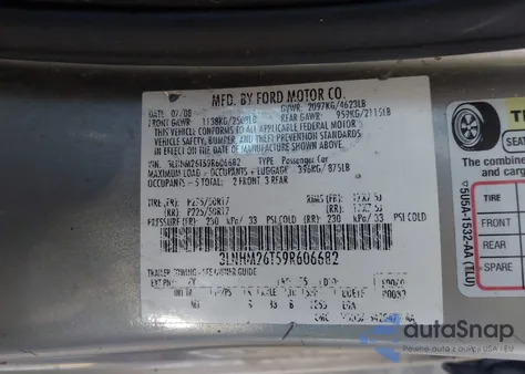 2009 Lincoln Mkz z USA, uszkodzony, nr VIN 3LNHM26T59R606682